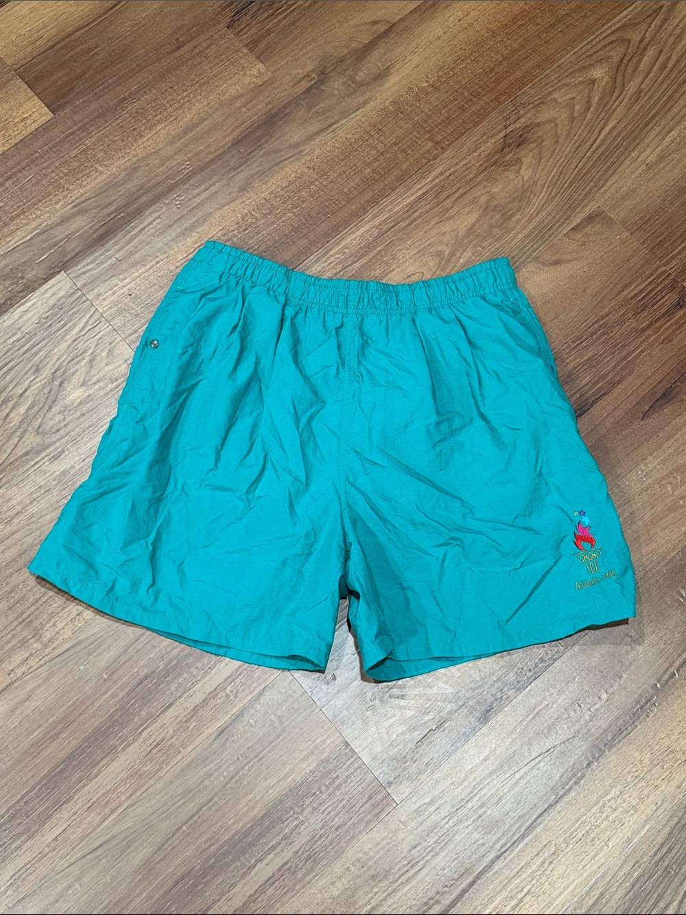 1996 Olympics Men's Teal Athletic Swim Shorts with Embroidered Logo Large